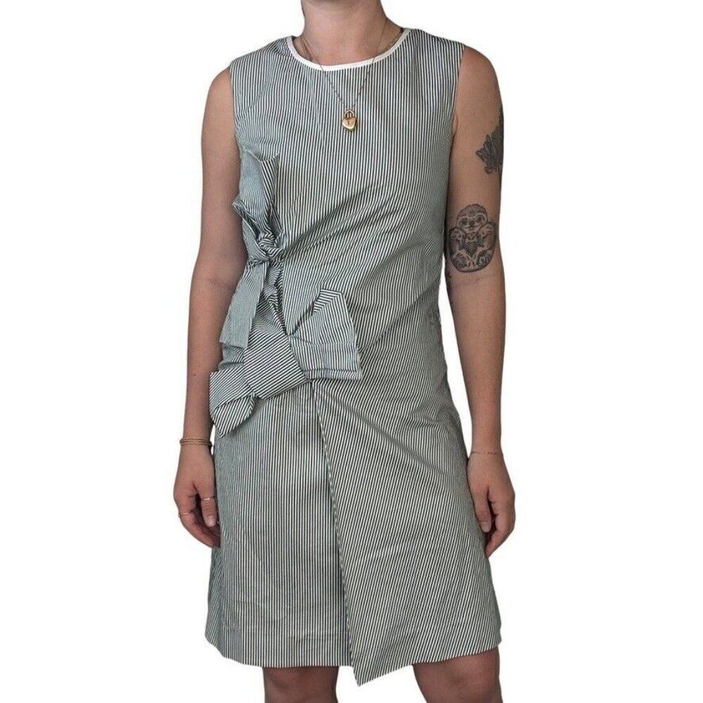 Victoria Beckham Green White Pin Striped Bow Mini Cocktail Dress Sz 4